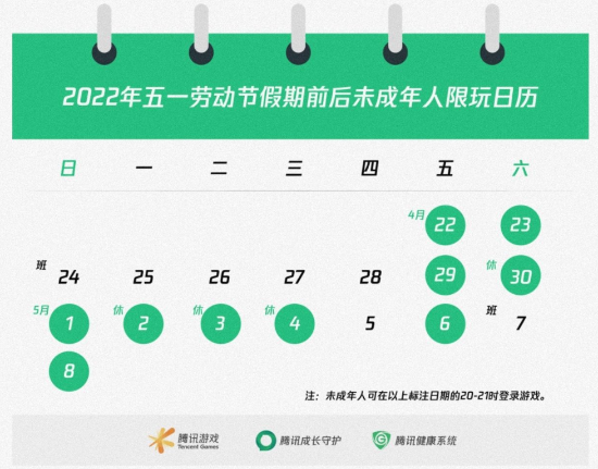 腾讯游戏今日发布五一未成年人日历 打游戏时间牢牢把控